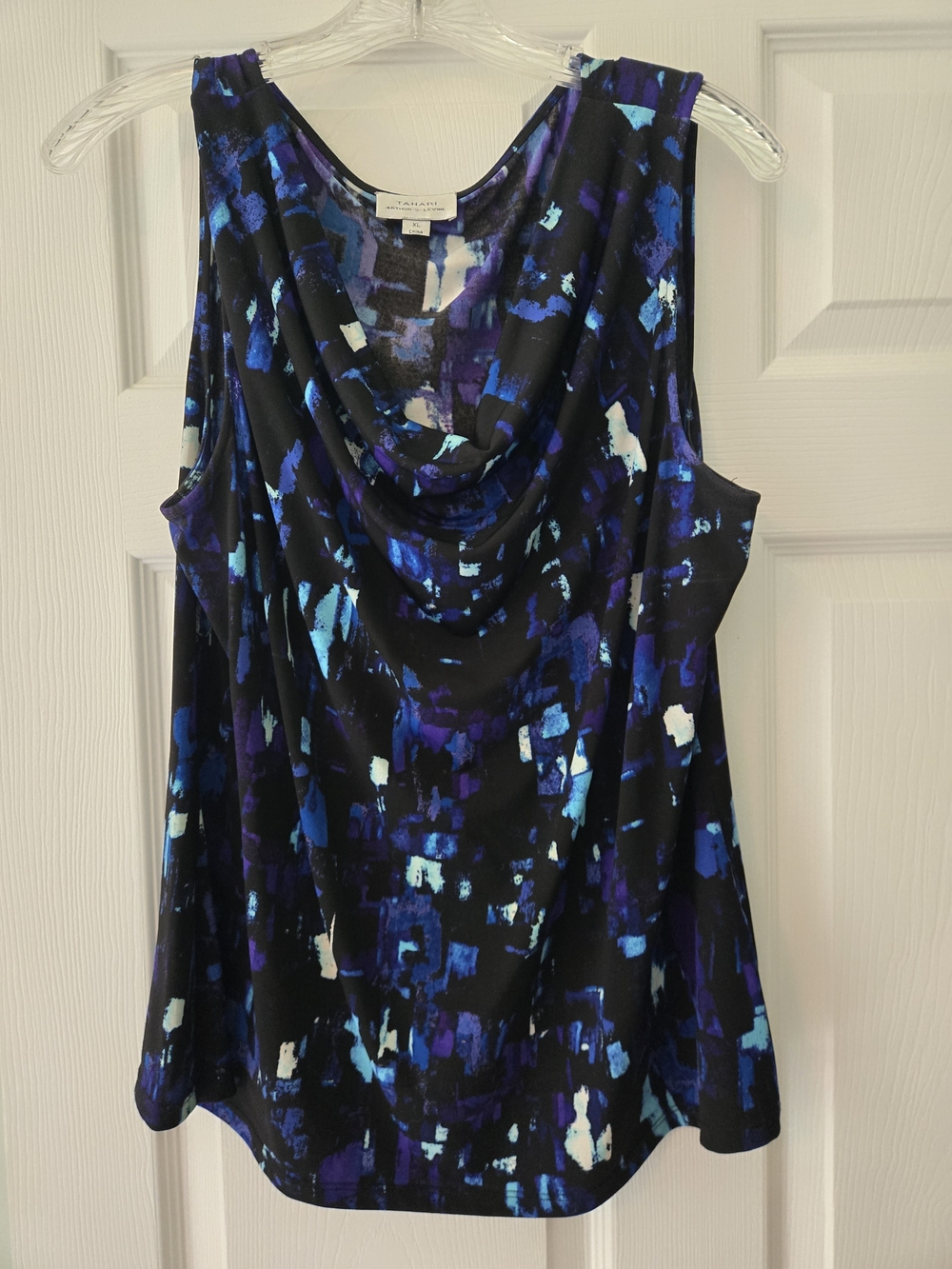Tahari Black Blue Abstract Cowl Neck Sleeveless Top